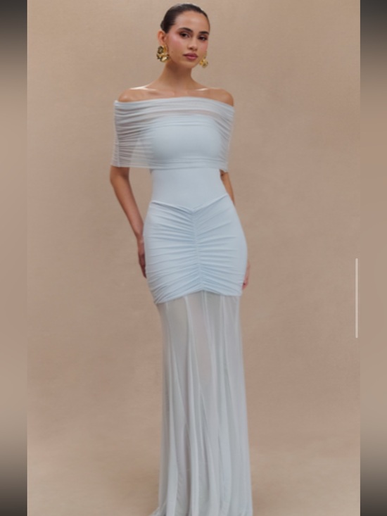 Meshki Dresses & Skirts - Meshki Caspian Slinky And Mesh Off Shoulder Maxi Dress - Pale Blue